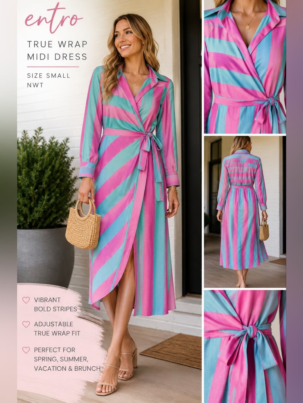 Entro NWT Pink Aqua Stripe True Wrap Midi Dress Collared Size Small